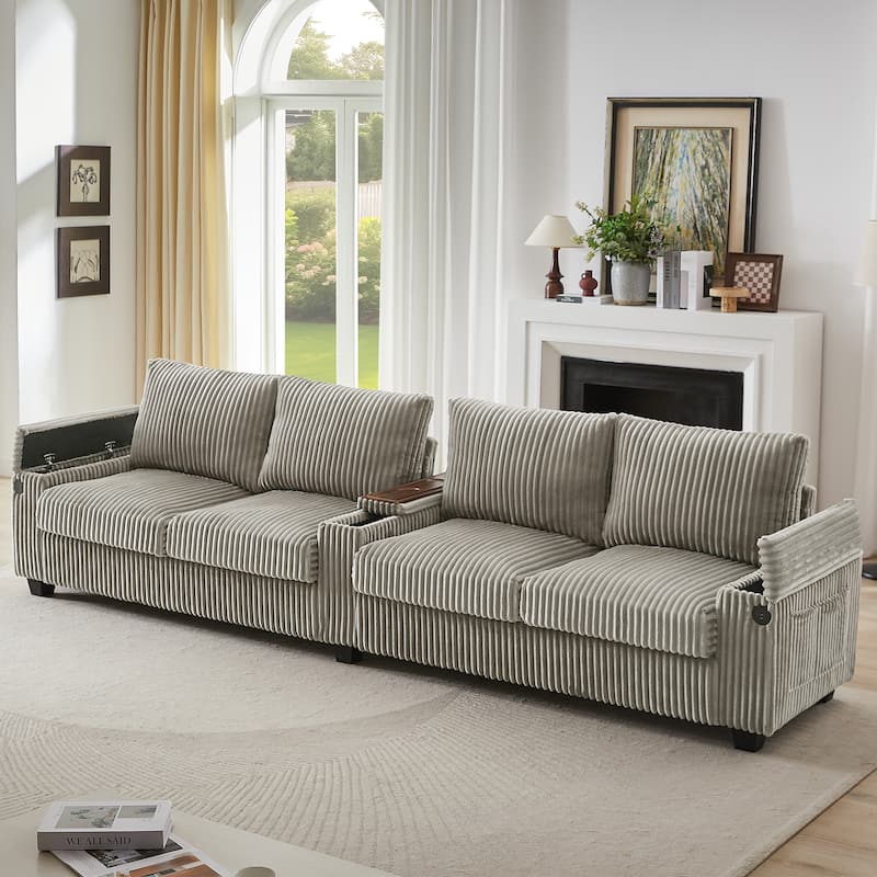 Roomfitters 4-Seater Corduroy Modern Sofa Couch with USB Ports Hidden Storage Arms & Flip-Top Cup Holders for Living Room - Brown