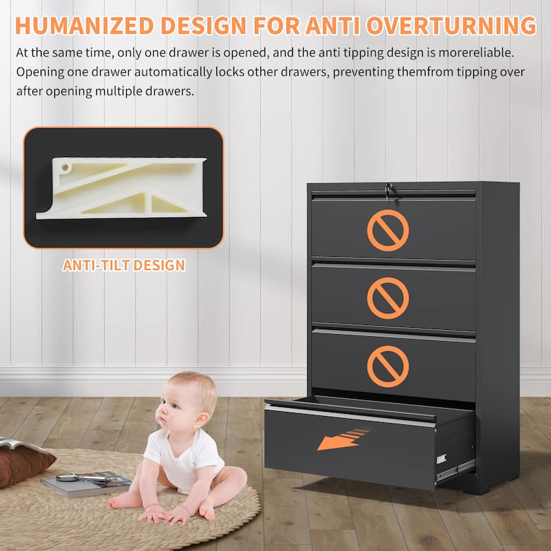 Lateral File Cabinet 4 Drawer, Black Filing Cabinet with Lock, Lockable File Cabinet, Locking Metal File Cabinet