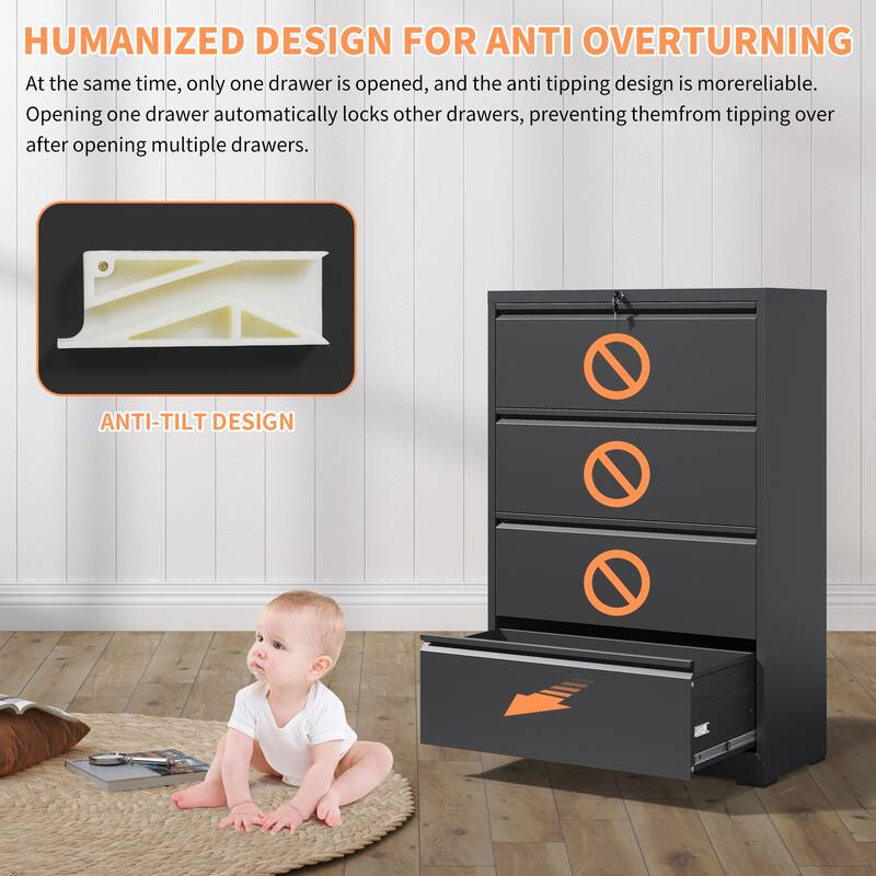 Lateral File Cabinet 4 Drawer, Filing Cabinet with Lock, Lockable File Cabinet for Home Office, Locking Metal File Cabinet