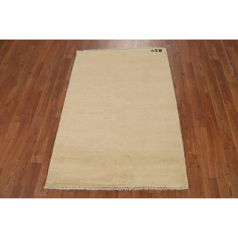 Gabbeh Modern Foyer Rug Hand-Knotted Beige Solid Wool Carpet - 2'10"x 4'0"