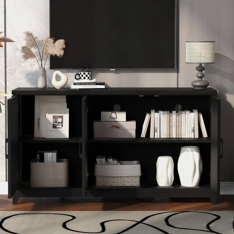 Black 59.1" TV Stand Console Cabinet with Wood Legs for TVs Up to 65"
