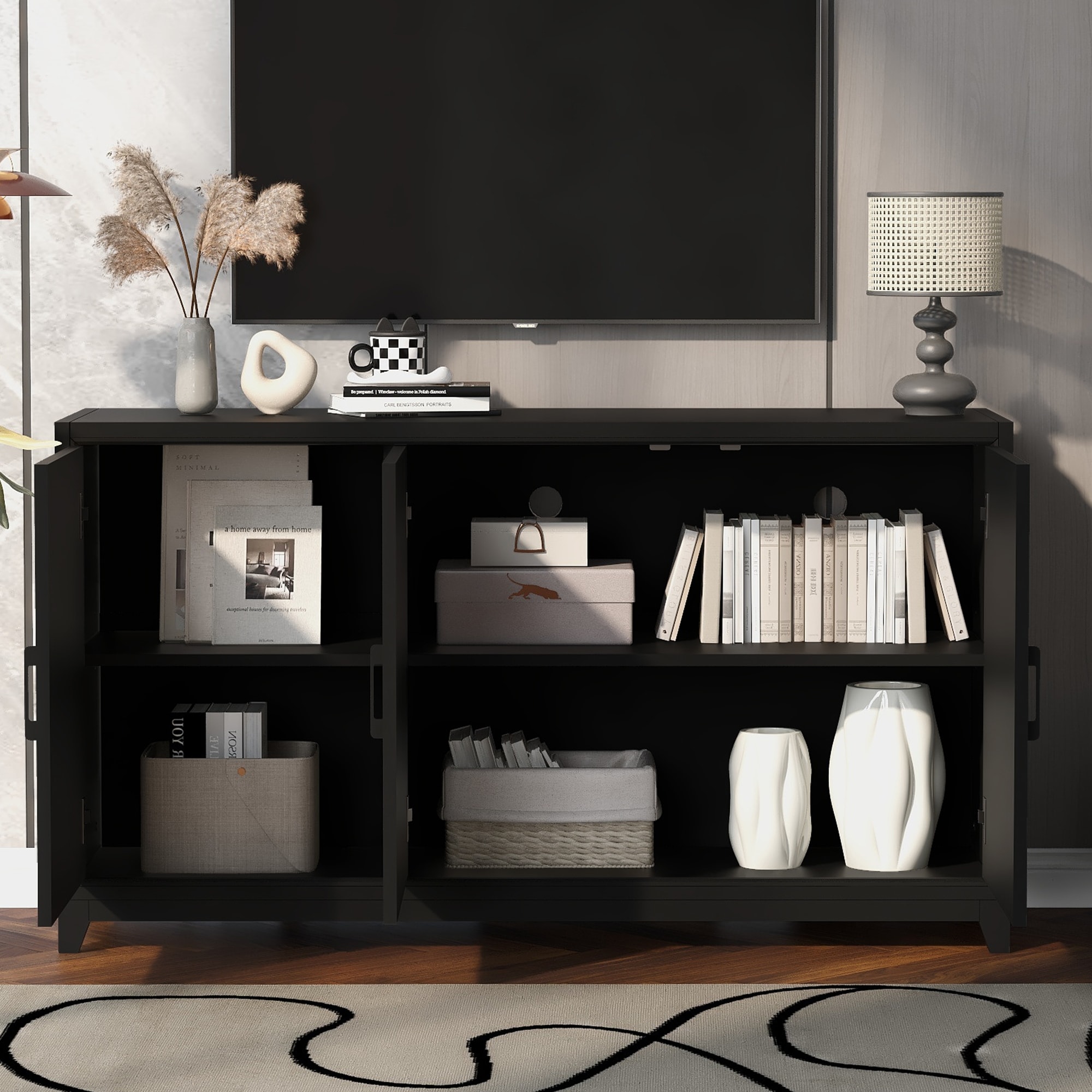 Black TV Stand for TVs up to 65 Inches, Modern Entertainment Center Media Console Cabinet for Living Room
