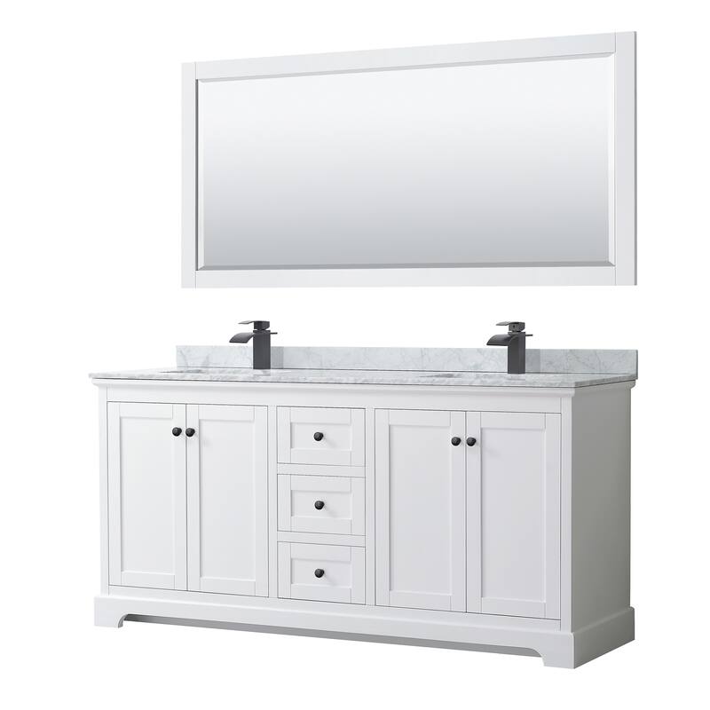 Avery 72-inch Double Vanity, Marble Top, Square Sinks, 70-inch Mirror - White, Black Trim, White Carrara Marble Top