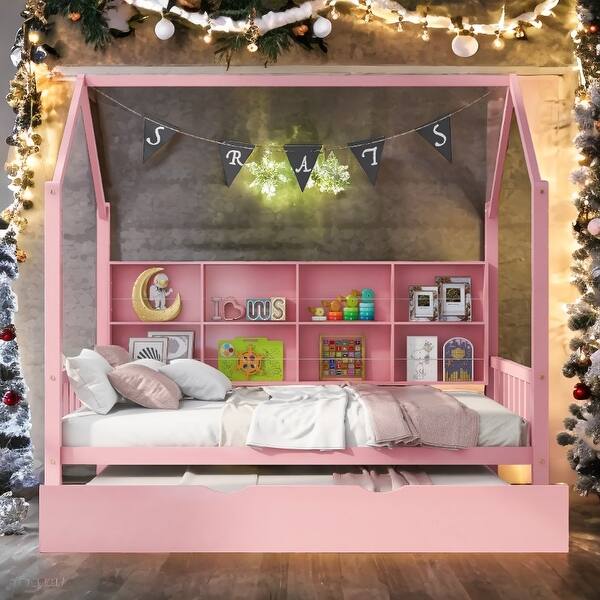 slide 2 of 21, Full Size House Bed with Trundle and Shelf Pink