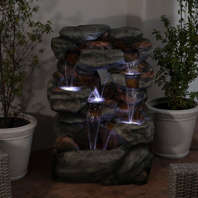 Alpine Corporation WIN1068 Outdoor Floor Rock Water Fountain with LED Lights, 5-Tier Rock Waterfall Fountain 54", Dark Brown