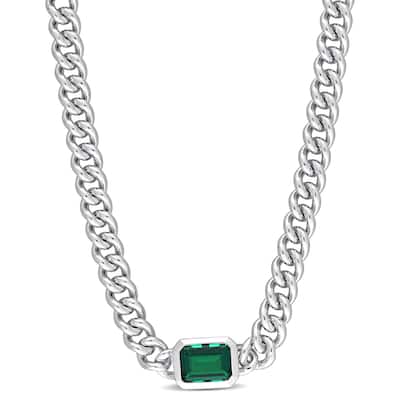 Miadora 7/8ct TGW Octagon Created Emerald Curb Link Chain Necklace in Sterling Silver