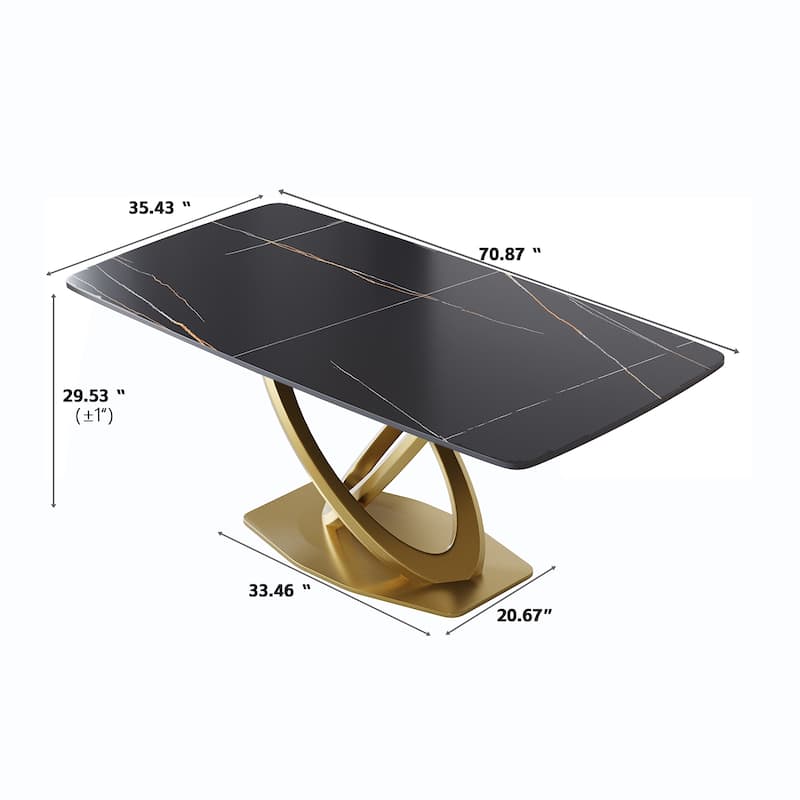 71'' Modern Dining Table with Rectangular Sintered Stone Tabletop and Gold Base