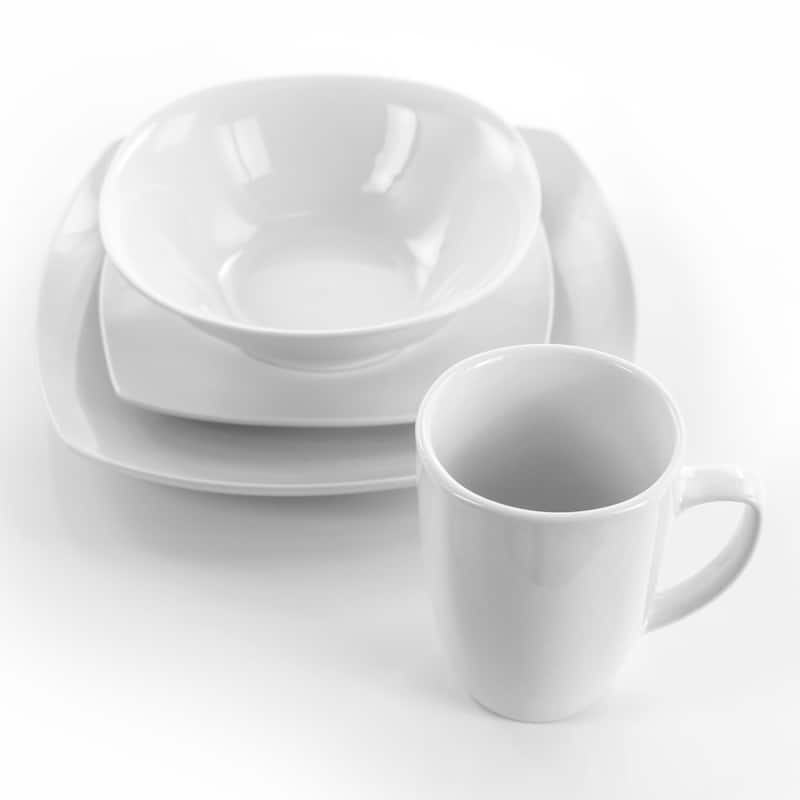 Elama Bishop 16 Piece Soft Square Porcelain Dinnerware Set in White