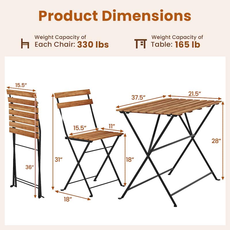 Gymax 5 PCS Patio Acacia Wood Dining Set w/ 4 Folding Chairs Slatted
