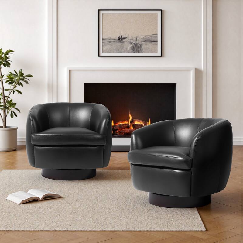 PU Upholstered Swivel Barrel Accent Chair With Wood Base (Set of 2) - Black
