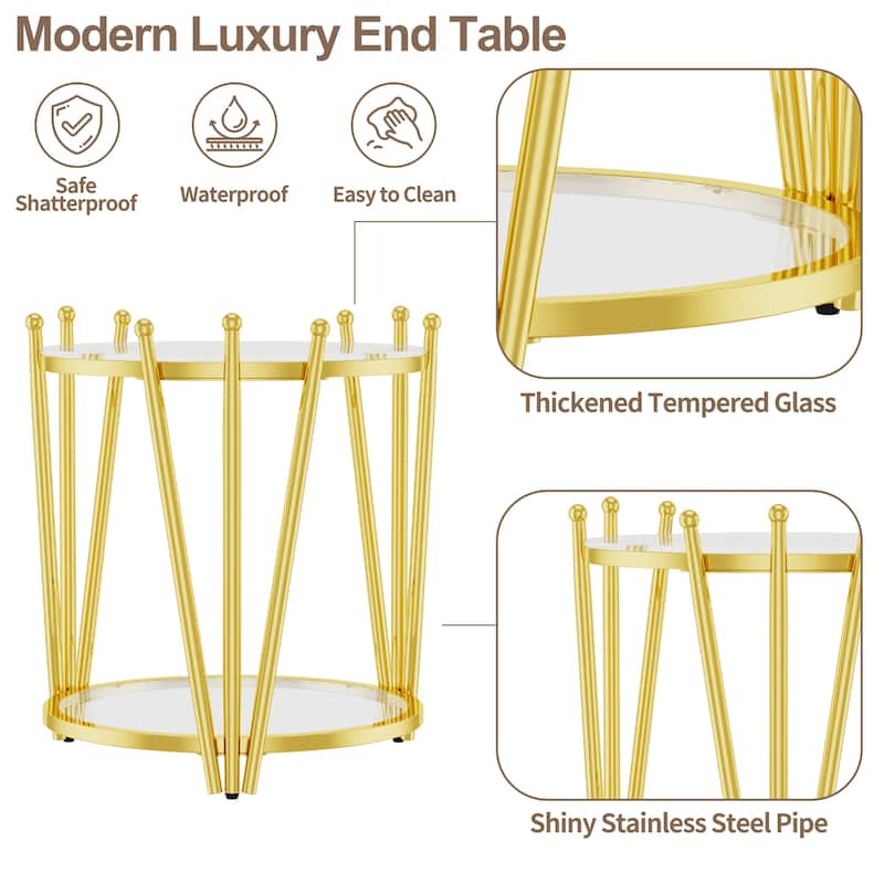 Modern Gold Round End Table with Tempered Glass Top & Crown Design for Living Room