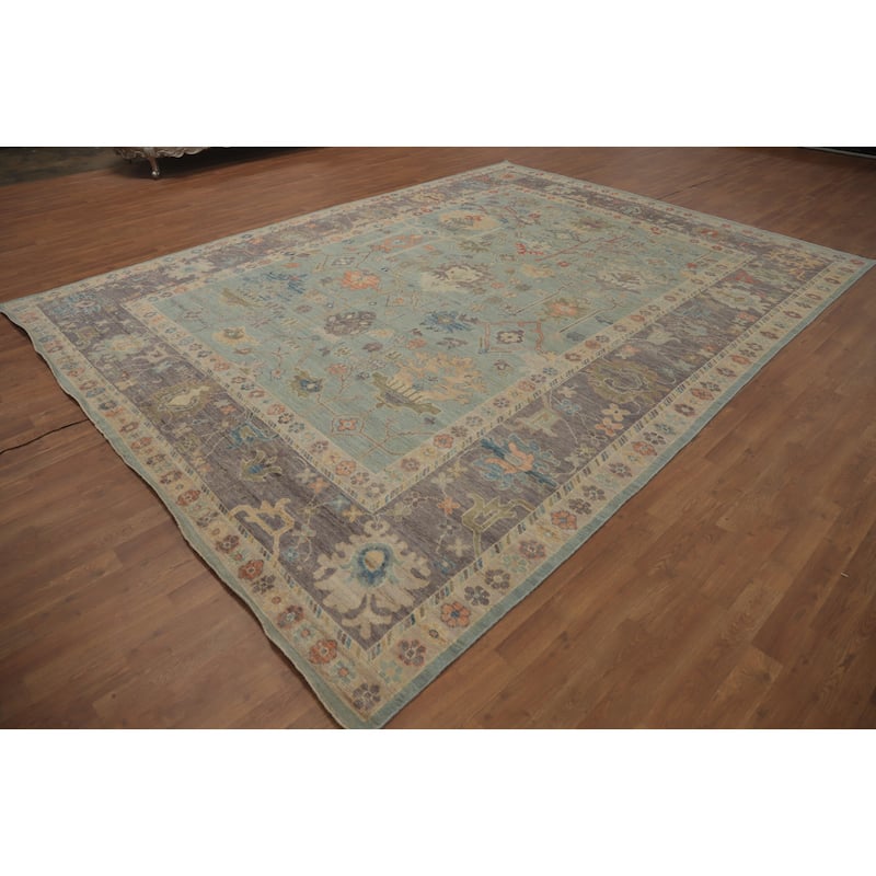 Light Blue Floral Oushak Vegetable Dye Area Rug, Floral Geometric Carpet - 12' 5'' X 9' 4''