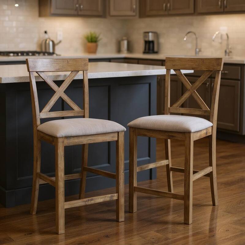 HomeRoots Set of Two 26" Tan and Oak Linen and Solid Wood Counter Height Bar Chairs - Counter Height - Tan - Set of 2