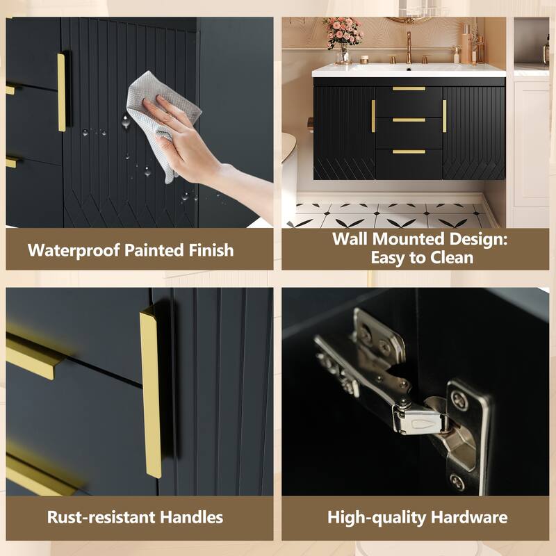 36" Wall-Mounted Bathroom Vanity Cabinet with Resin Sink - Floating Door & Drawer Storage, 8" Centerset Faucet Compatible