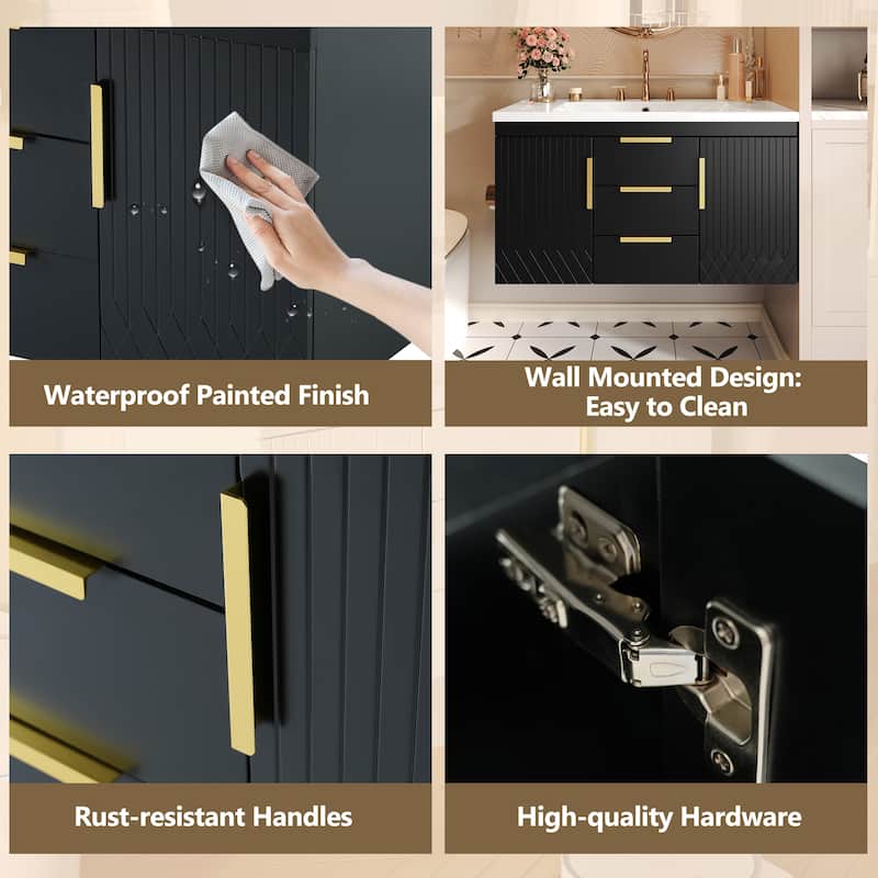 36'' Wall Mounted Bathroom Vanity with Resin Sink, Floating Bathroom Storage Cabinet with 2 Drawers, Solid Wood Bathroom Cabinet
