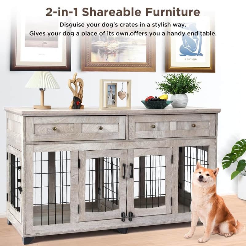 58" Wooden Dog Crate Furniture TV Stand withStorage Drawers