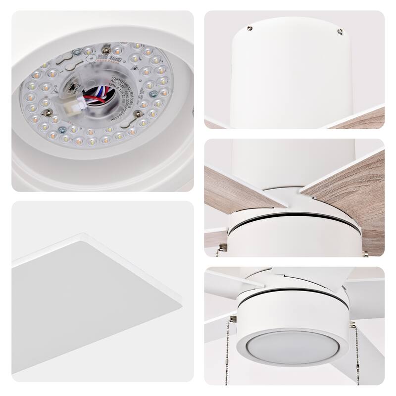 52 in. Indoor Flush Mount Ceiling Fan with 5 Blades & 18W 3CCT LED - 3 Finish Options, Pull Chain Control