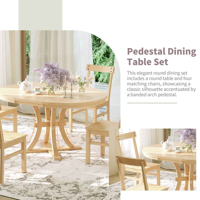 5-Piece Rustic Round Pedestal Extendable Dining Table Set with 15.7" Removable Leaf and Simple Dining Chirs for Small Places