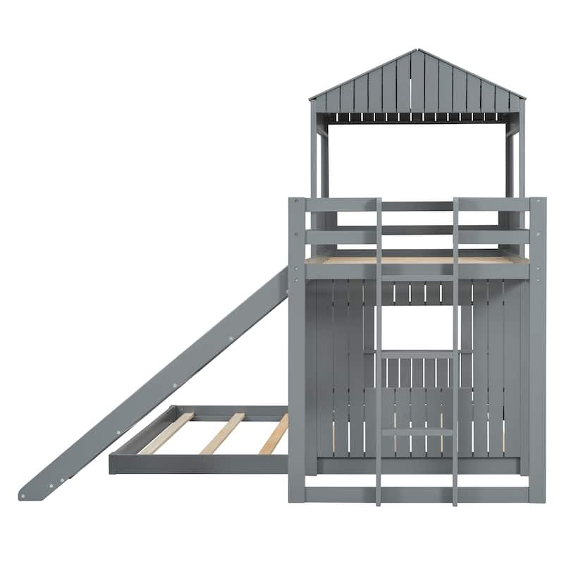 Wooden Twin Over Full Bunk Bed, Loft Bed with Playhouse, Farmhouse, Ladder, Slide and Guardrails, Gray