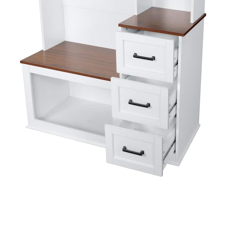 40.2" Wide Hall Tree with Storage Bench for Hallway, Entryway Bench with Coat Rack, 3 Shelves and Drawers, 3 Sturdy Hooks