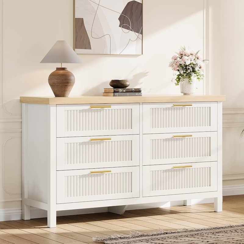 Modern Fluted Dresser with 6 Storage Drawers, Organizer Cabinet for Living Room, Bedroom - White