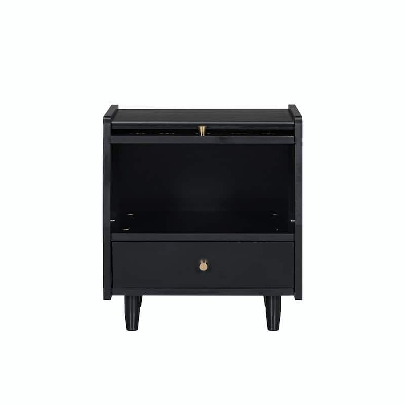 Wooden Nightstand with Rattan Storage Cabinet and 1 Drawer