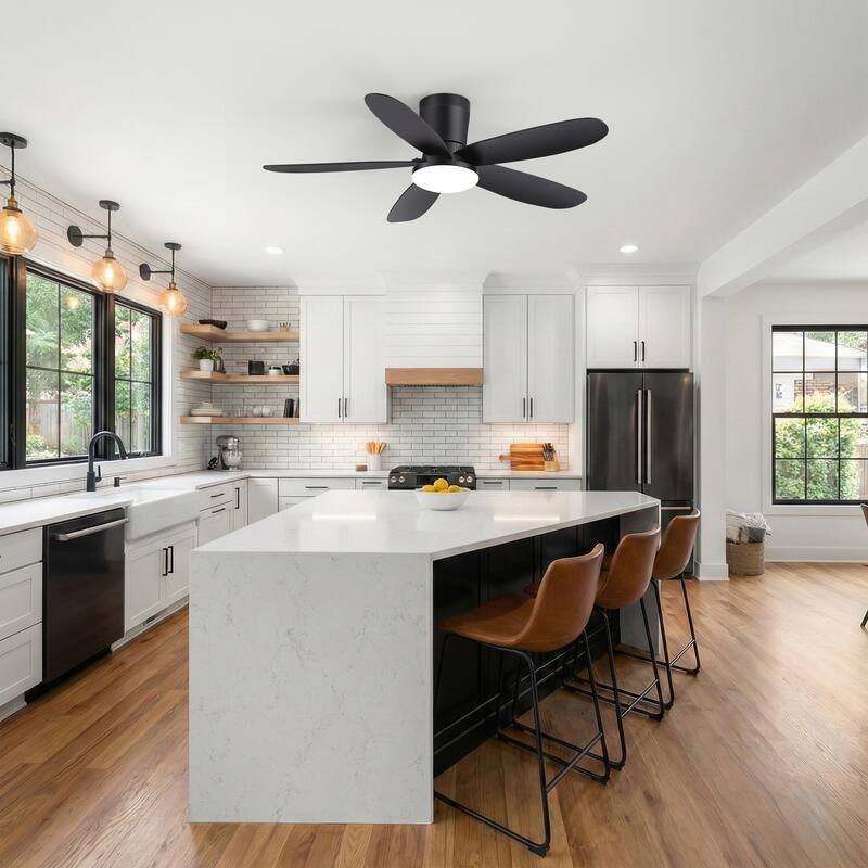 42-inch ABS 5-Blade Flush Mount Ceiling Fan with Dimmable LED Light and Remote