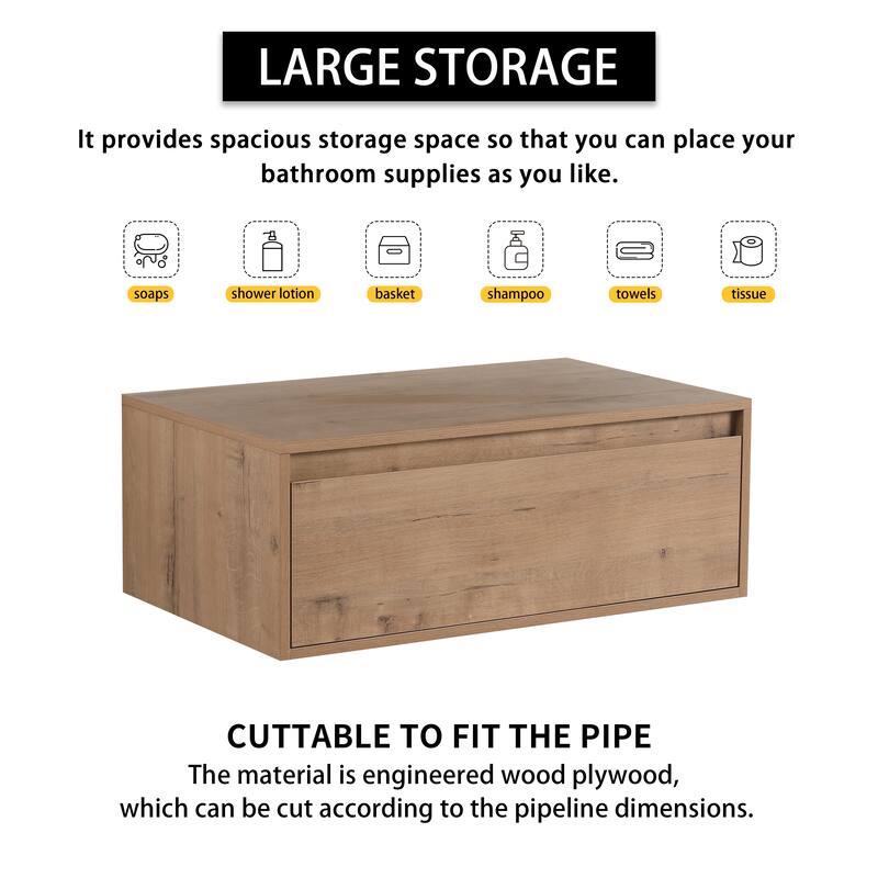 Modern Oak-Look 30 Inch Wall-Mounted Bathroom Vanity with Soft-Close Drawer, Vanity Base Only