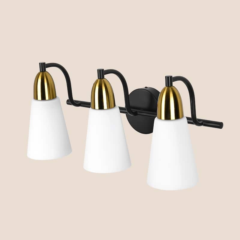 Modern Black Bathroom Vanity Light with Frosted Glass Shades & Gold Accent, Minimalist Wall Sconces