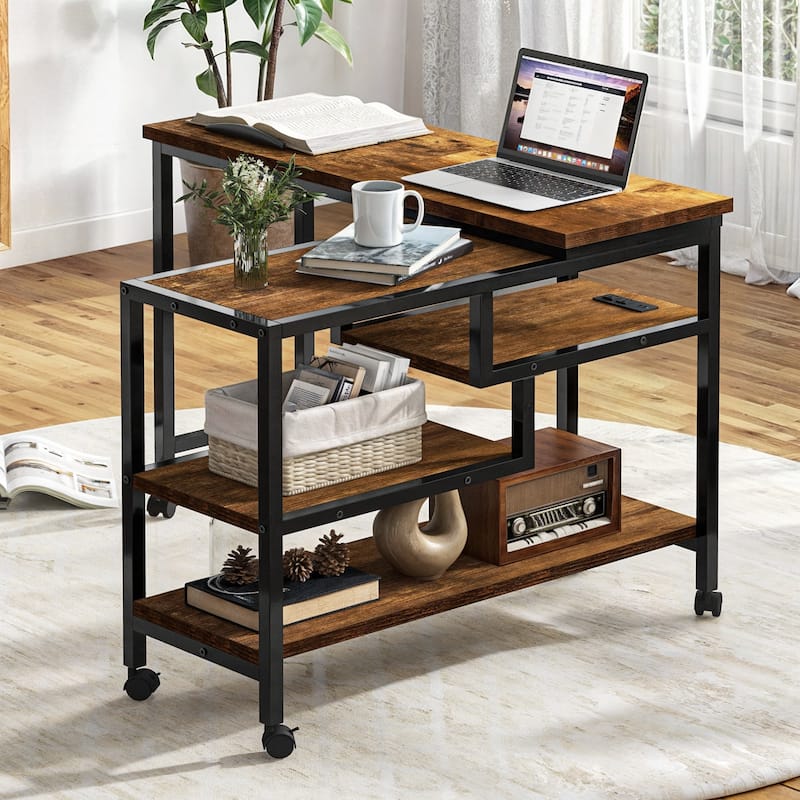 Moasis Rotating Wheeled Sofa Side Table with Drawer 2-Tier Storage Shelves