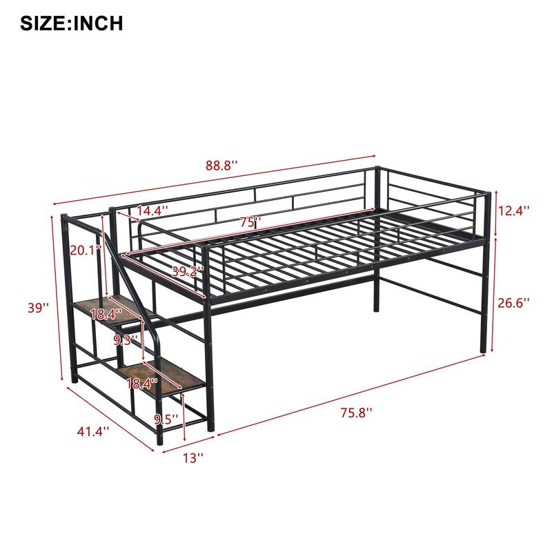 Twin Size Loft Bed with Play and Storage Spaces Underneath, Metal Bed Frame with Storage stairs and Guardrail for Bedroom