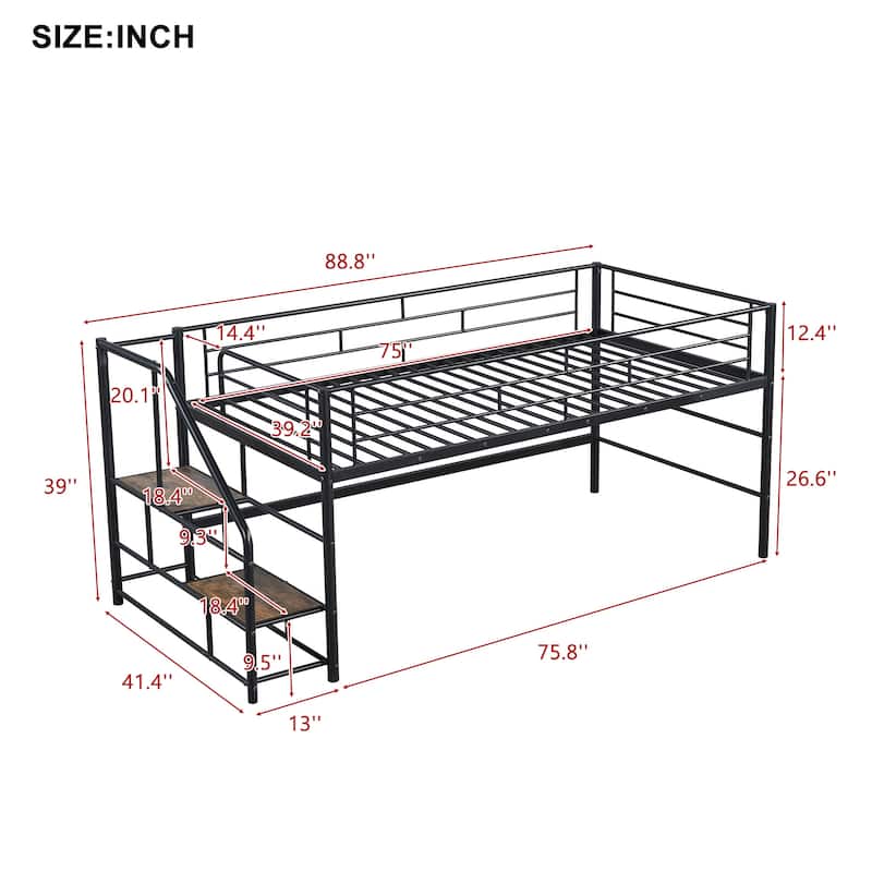 Twin Size MDF Metal Mid Loft Bed with Storage stairs and Fence for Kids, Boys and Girls, Bedroom