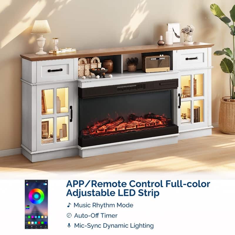 Farmhouse 70'' TV Stand For Tvs Up To 80'' With Electric Fireplace and Adjustable Shelves