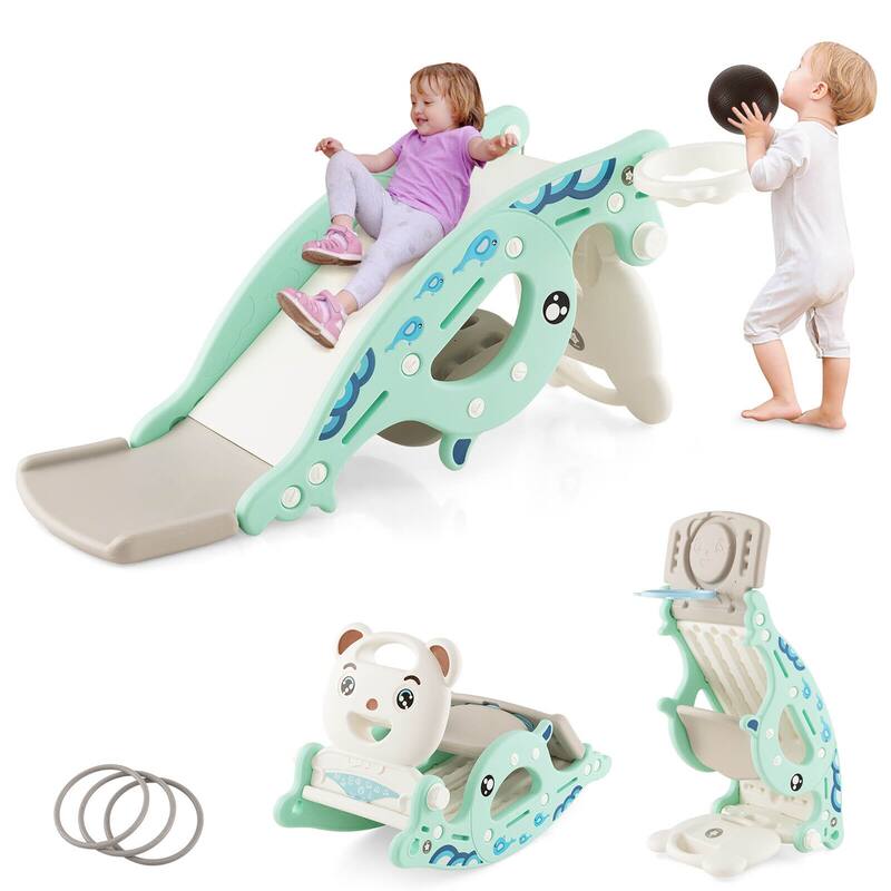 Gymax 4-in-1 Kids Slide Rocking Toy Slide Rocking Horse w/Basketball - Green