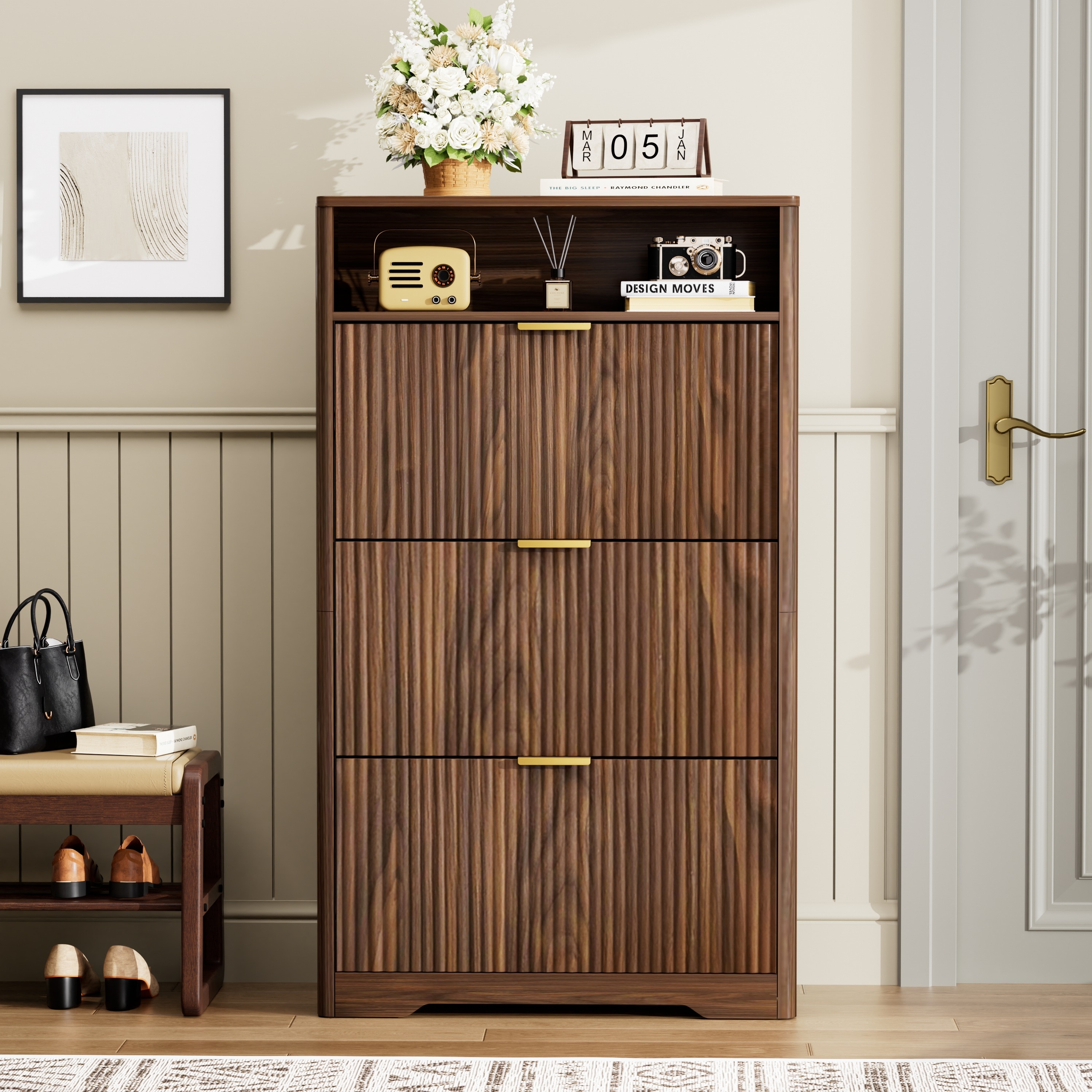 Shoe Cabinet with Open Shelf & 3 Flip Drawers, Wood Shoe Rack with Wave-Patterned Panel, Free Standing Entryway Shoe Organizer
