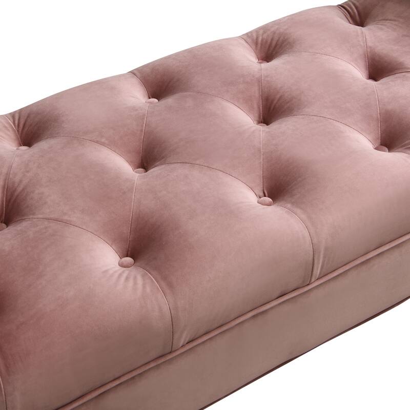 Pink Upholstered Velvet Bench End of Bed Bench with 2 Pillows, Button Tufted Ottoman Footstool with Rolled Arms