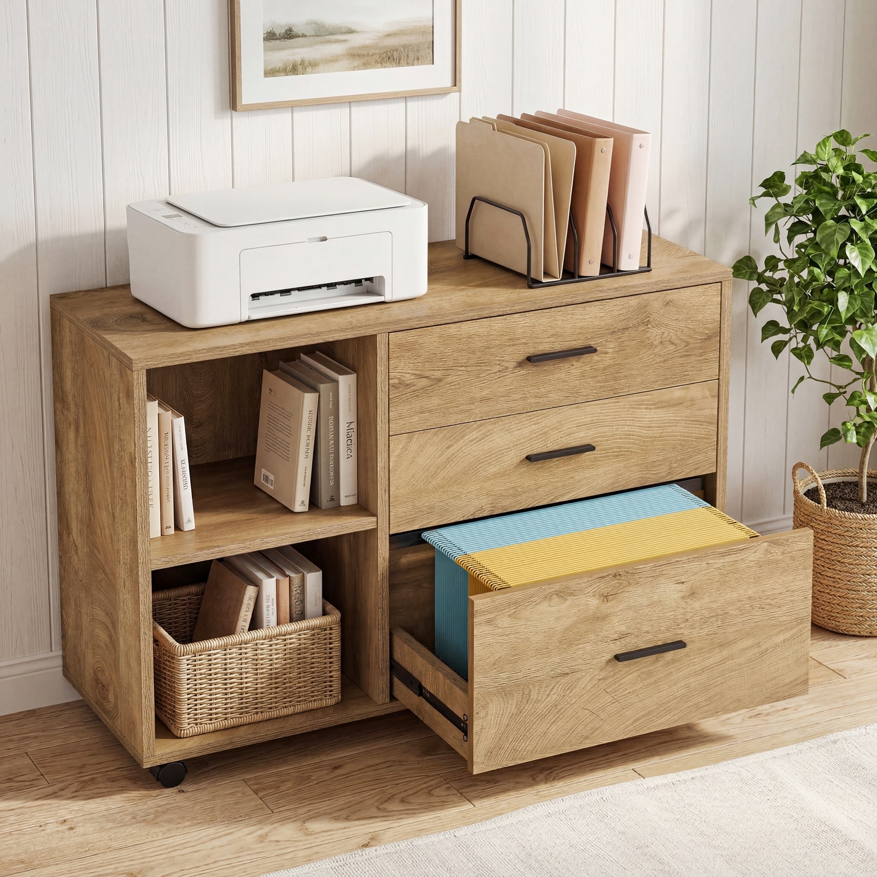 39-Inch Rolling File Cabinet, Wooden Office Lateral Filing Cabinet