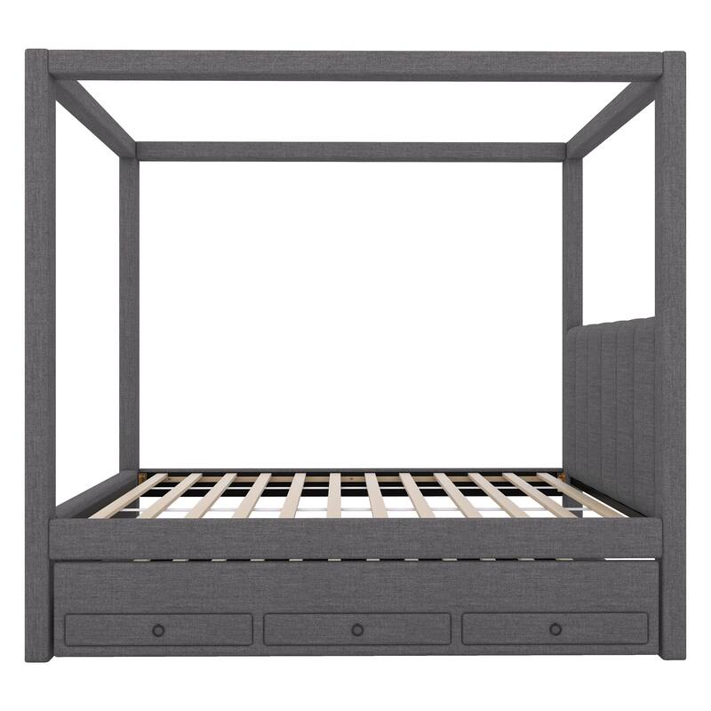 Twin/Full Size Upholstery Canopy Platform Bed with Trundle and Three Storage Drawers
