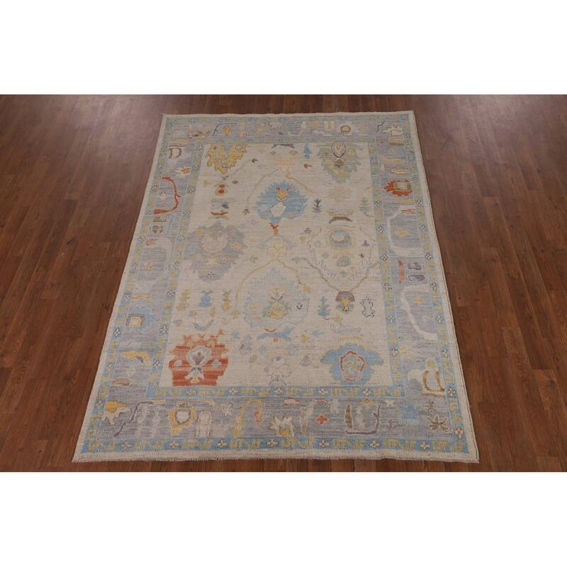 Vegetable Dye Oushak Area Rug Handmade Beige Wool Carpet - 5'0"x 6'10"