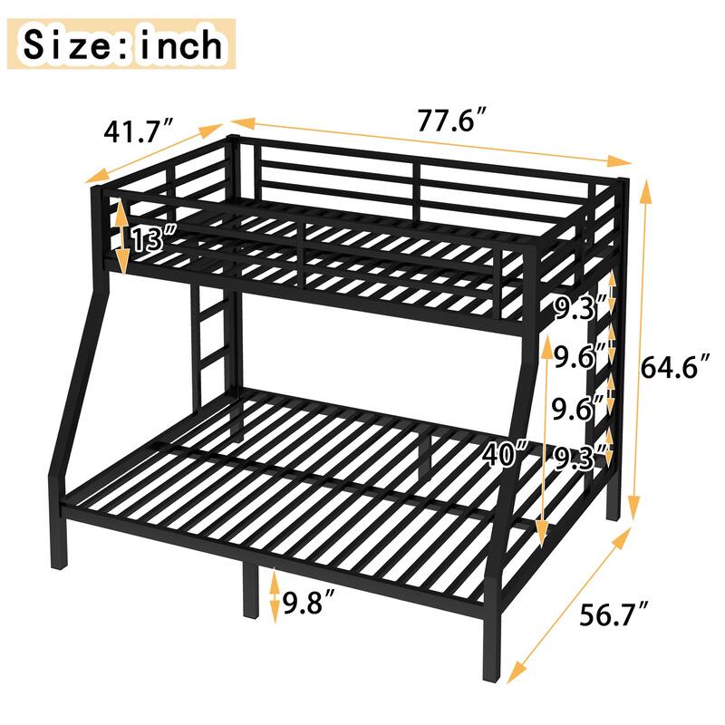 Roomfitters Metal Twin Over Full/Queen Bunk Bed Frame with Ladder & Safety Rail, Heavy-Duty Space-Saving Design, Black