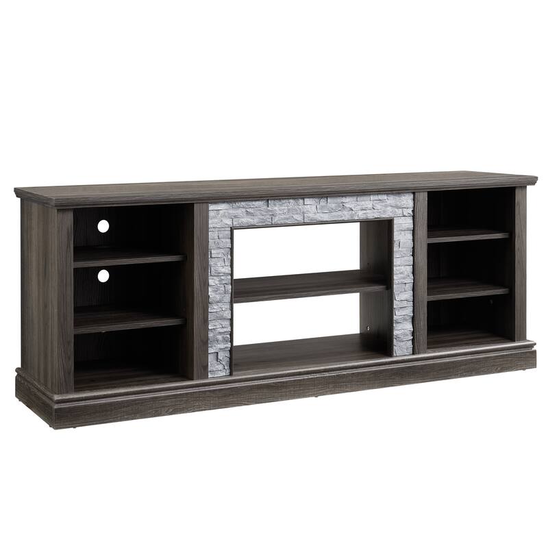 TV Media Stand with Faux Stacked Stone, Console Table with Large Storage Cabinet, Media Entertaionment Stand with Shelves
