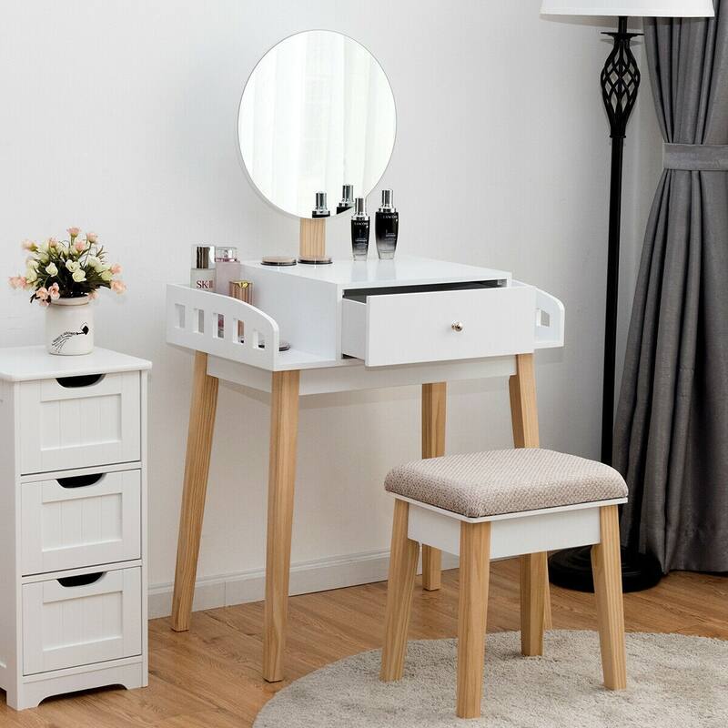 Wooden Makeup Dressing Mirror Table Set with 1 Drawer - 27.5" x 17" x 49.5" (L x W x H)
