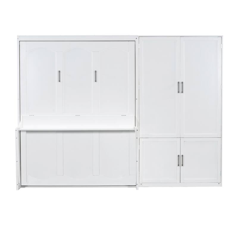 Space-Saving Queen Size Murphy Wall Bed with Built-In Closet and Hydraulic System, White/Gray
