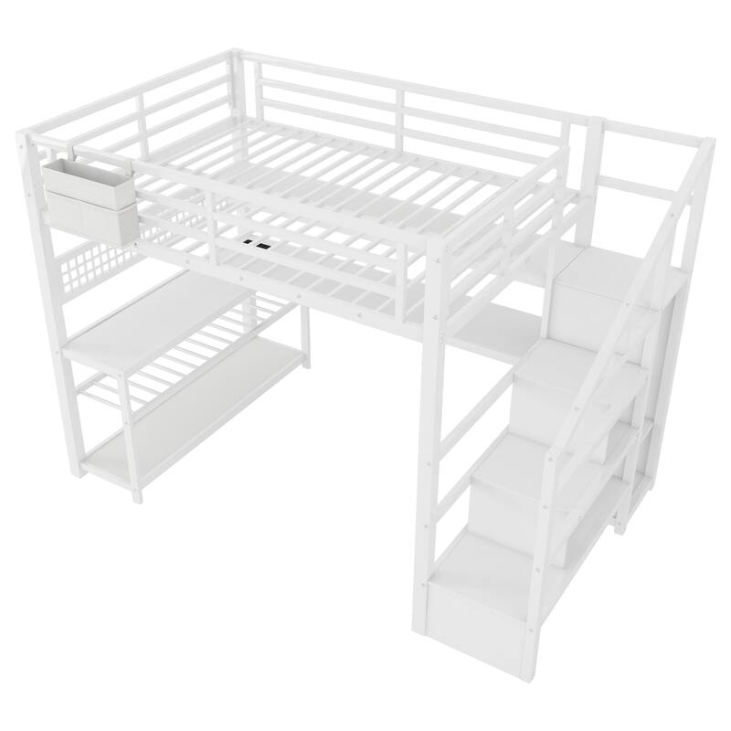 Full Size Metal Loft Bed with Staircase and Wardrobe, Loft Bed Frame with Desk, Storage Shelves, LED Lights and Charge Station