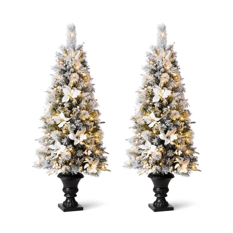 Glitzhome 4ft/5ft Pre-Lit Pine Artificial Christmas Potted Porch Trees with Warm White Lights and Poinsettia