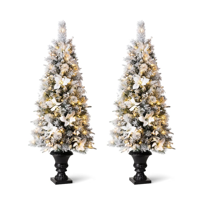 Glitzhome 5FT Pre-Lit Flocked Pine Artificial Christmas Porch Tree with 150 Warm White Lights and Poinsettia