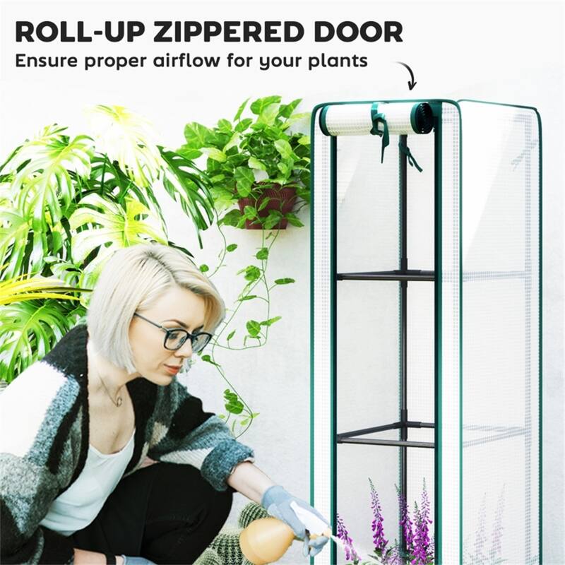 Brown and White Mini Greenhouse with PE Cover and Self-Watering System and Roll-Up Zipper