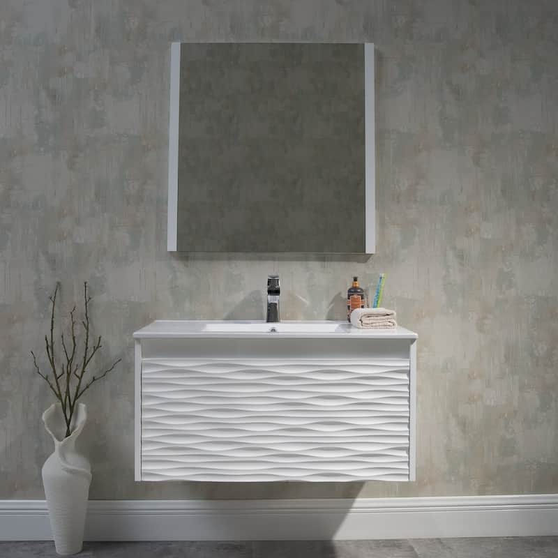 White Floating Vanity / Wall Hung Vanity Set with Mirror - 36 inches