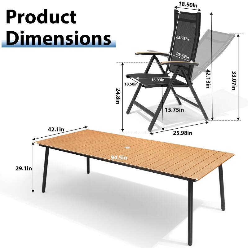 9-Piece Outdoor Patio Dining Set WPC Table Top Alumium Umbrella Hole Table with Folding Armrest Chairs