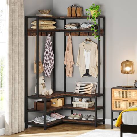 Entryway Coat Rack with Shoes Storage Bench, Freestanding Corner Hall Tree